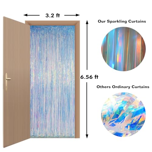 Melsan Iridescent Foil Fringe Backdrops Party Decorations - 3.2 x 6.5 ft Metallic Tinsel Photo Backdrop Curtains for Mermaid Unicorn Birthdays Parties - Iridescent 2 Packs