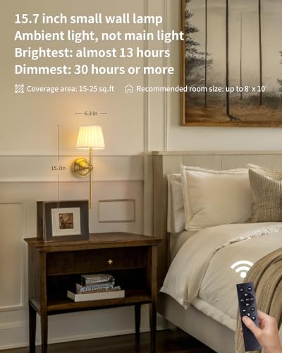 KDG Gold Cordless Wall Sconces Set of 2 with Beige Fabric Shades, Dimmable LED Wall Lamps
