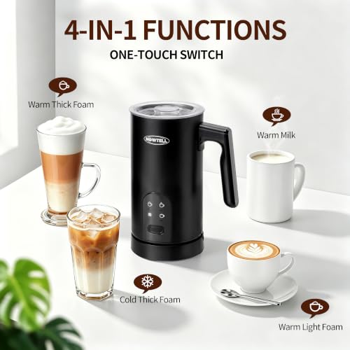 Nowtell 4-in-1 Electric Milk Frother & Steamer Black 350ml Hot Cold Foam Maker