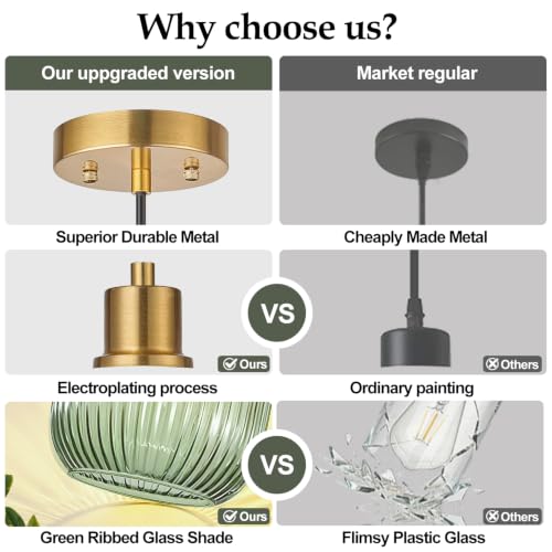2 Pack Pendant Lights with Vintage Green Ribbed Glass Shades - Adjustable Brushed Gold Fixtures for Kitchen Island, Dining & Living Room (Bulbs Not Included)