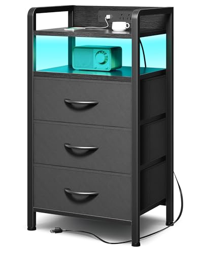 Lazzanto Black Nightstand with 3 Drawers, LED Light & Charging Station