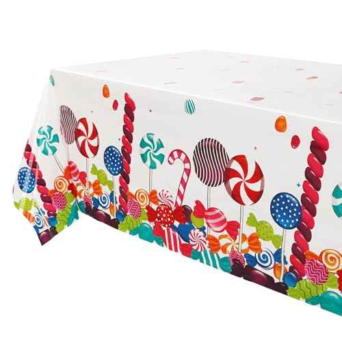 1 Pcs Candy Table Covers Candy Lollipop Plastic Tablecloths Girls Baby Showe Christmas Sweet Candy Theme Birthday Candyland Party Decorations