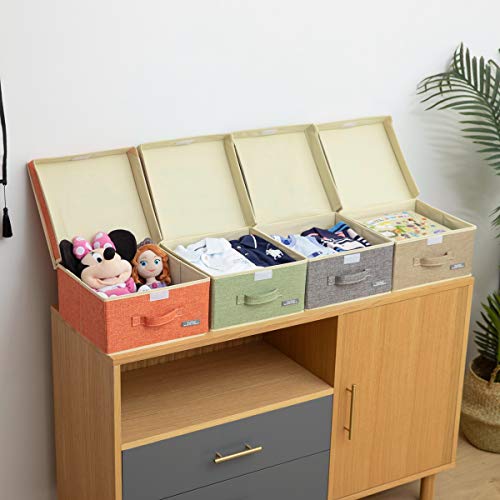 Fabric Storage Bins with Lids 4 Pack - Linen Foldable Storage Box Set, 12.4in/12in/6.7in, Multi-Color