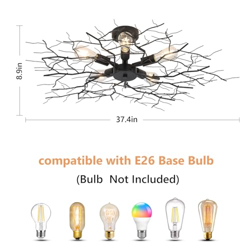 Large Semi Flush Mount Ceiling Light Fixture - Modern Black Chandelier with Branch Design, 5 Lights for Living Room and Kitchen