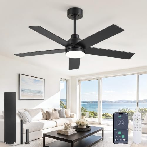 Large Ceiling Fan with Lights - 48 Inch Black Remote-Controlled Modern Fan