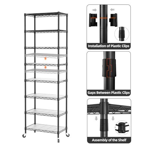 SINGAYE 8-Tier Metal Wire Closet Shelf with Wheels, 12 x 22 x 74 Inches, Black