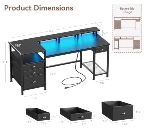 Furologee 60" Gaming Desk with 4 Drawers & LED Lights, Power Outlet,
