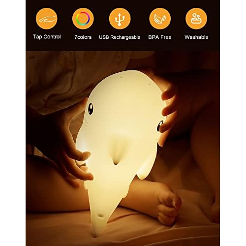 Shark USB Rechargeable Silicone LED Night Light for Kids, Multicolor Cute Nursery Light with Warm White and 7-Color Breathing Mode for Kids Baby Children Bedrooms