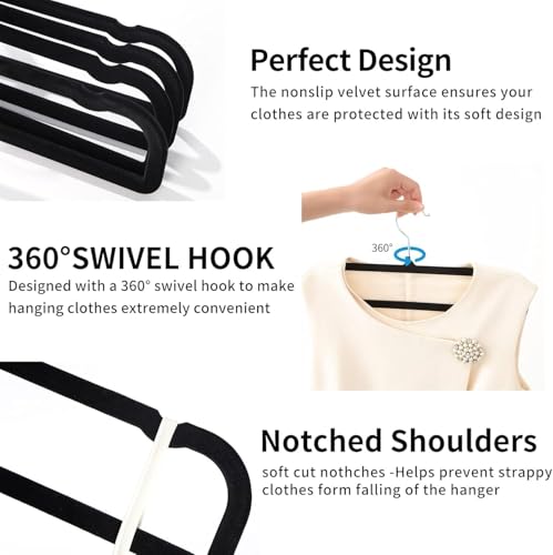 Velvet Non Slip Pants Hangers 20 Pack with Silver Swivel Hook - Space Saving Closet Organizers - Black Silver Hook