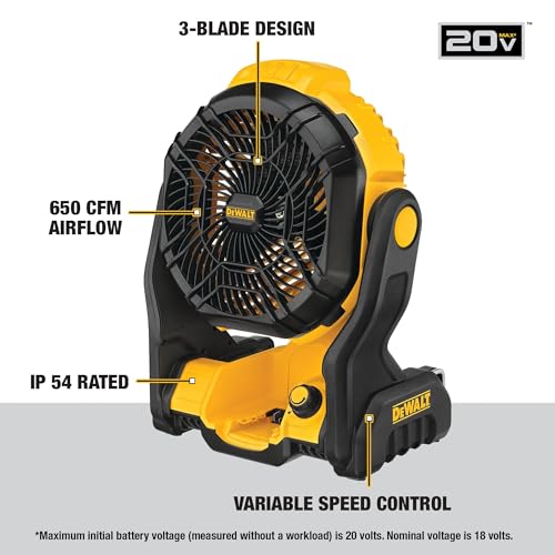 DEWALT 20V MAX Portable Jobsite Fan - Cordless, Rechargeable, Variable Speed, 650 CFM, Tool Only