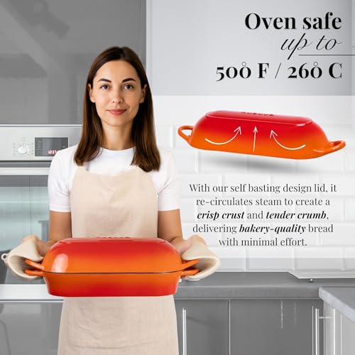 Enamelled Cast Iron Bread Loaf Pot - Rectangular Dutch Oven for Sourdough - 34cm x 16cm - Orange - Nuovva