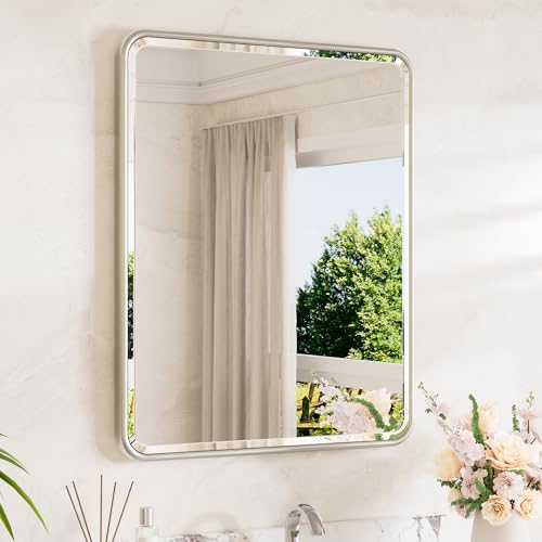 24x30 Inch Brushed Nickel Bathroom Mirror - Beveled Edge, Rounded Corners, Tempered Glass, Over Sink