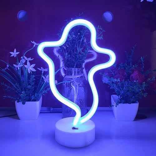 JYWJ Neon Signs with Holder Base,USB or 3-AA Battery Powered Neon Light,LED Desktop Wall Decoration,Various Parties,Decoration of Business Premises(Ghost)