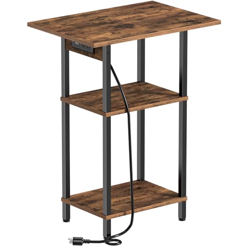 Rustic Brown Tall End Table with Charging Station - 30 Inch Nightstand with Storage