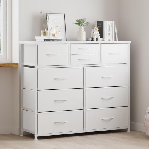 10 Drawer Dresser for Bedroom Storage - White, Multi-Size Fabric Drawers with Wooden Top - Variation of THIS listing