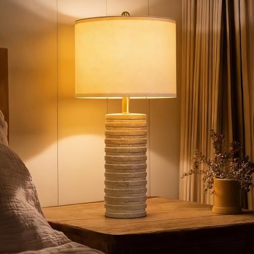 27-Inch Farmhouse Ceramic Table Lamps Set of 2 - Antique Beige, Stone-Like Finish