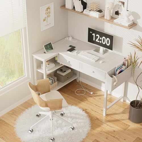 DLisiting White 39.4 Inch L Shaped Corner Desk with Drawers & Shelves - Small Home Office