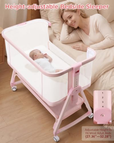 Baby Bedside Sleeper Bassinet with Storage Basket & Wheels - Pink - Variation of THIS listing