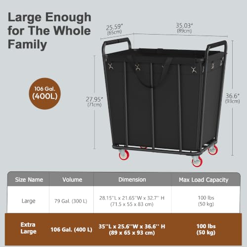 Hoctieon 400L Heavy Duty Laundry Cart with Wheels - Black Industrial Rolling Hamper