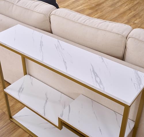 Faux Marble Console Table for Entryway - White Marble & Gold Frame, Modern Sofa Table, Space-Saving Design, 38 Inch Wide, Variation: White Marble / Multilayer