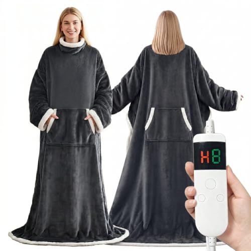 Wearable Heated Blanket with Sleeves & Foot Pockets - Dark Gray, 72"×52"