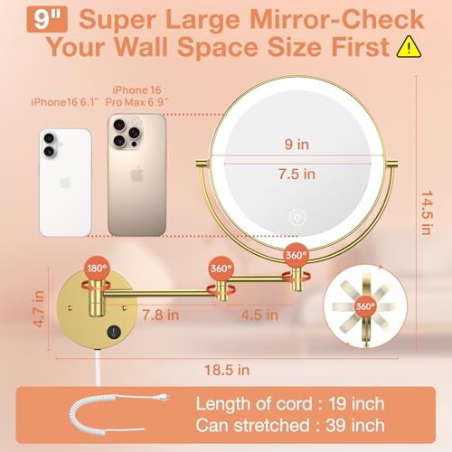 Benbilry 9" Wall Mounted LED Makeup Mirror with 10X Magnification, Gold, Corded