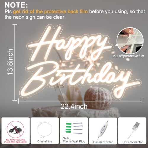 Happy Birthday Neon Sign - Warm White LED Light Up Sign for Party Decor 22.4x13.8"