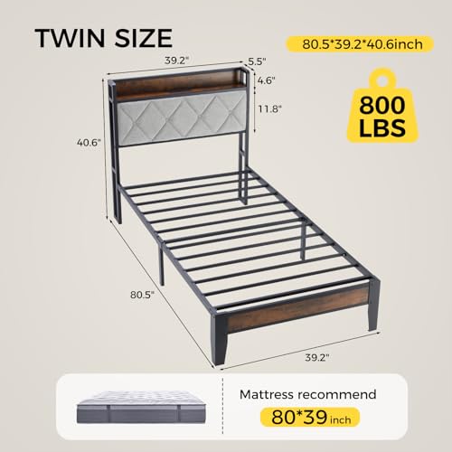 Twin Bed Frame with Headboard and Charging Station - 11 Inch Platform Bed - Heavy Duty Metal Support