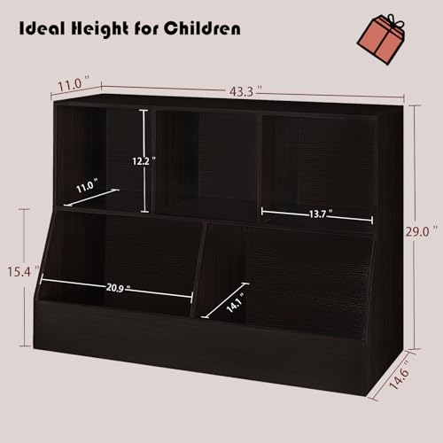 DINZI LVJ 2-Tier Toy Storage Organizer with Bookshelf, 43.3" Espresso Kids Cubby Cabinet