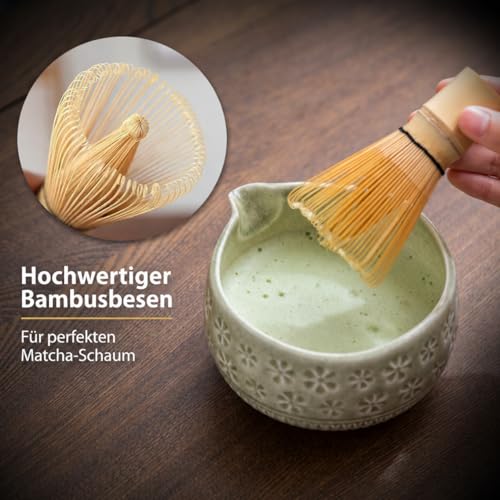 Matcha Whisk Set with Ceramic Bowl & Tools - Mottled Green