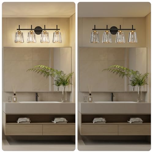 Crystal Bathroom Light Fixtures Over Mirror Black Gold 4-Lights Vanity Wall Sconces with Ceramic E26 Base - Modern Style