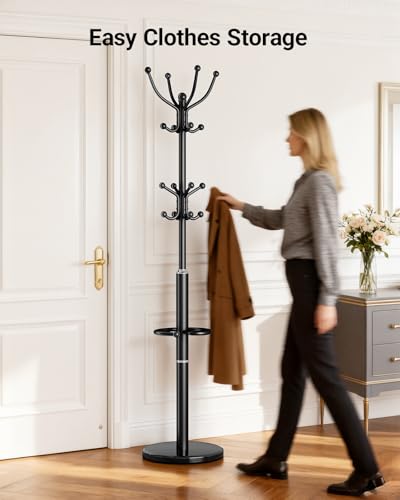 Heavy Duty Metal Coat Rack with Marble Base & 16 Hooks - Freestanding Umbrella Stand