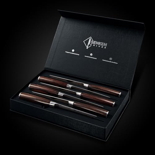 Senken Non-Serrated Damascus Pattern Steak Knife Set of 6 - Razor Sharp Stainless Steel & Wood Handles