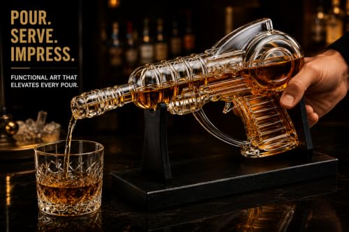 KAAS HAUS Whiskey Decanter Set with Wood Stand & 2 Shot Glasses, Retro Sci-Fi Space Pistol Design, 250mL Gift for Men