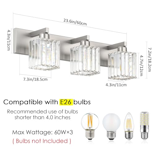 Aipsun Brushed Nickel 3-Light Crystal Vanity Light Fixture - 23 Inch Modern Bathroom Wall Sconce (Exclude Bulb)
