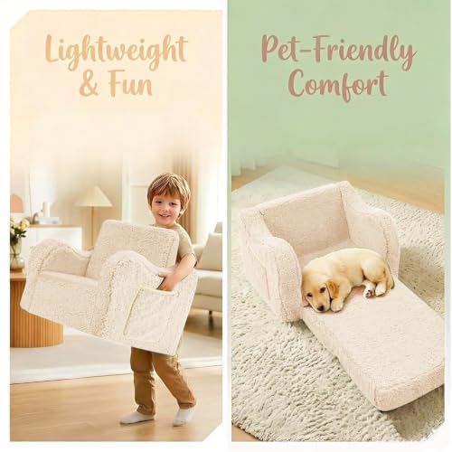 Kids Sofa Chair 2-in-1 Foldable Couch with Sherpa Cover - Cream, Medium - MOMCAYWEX