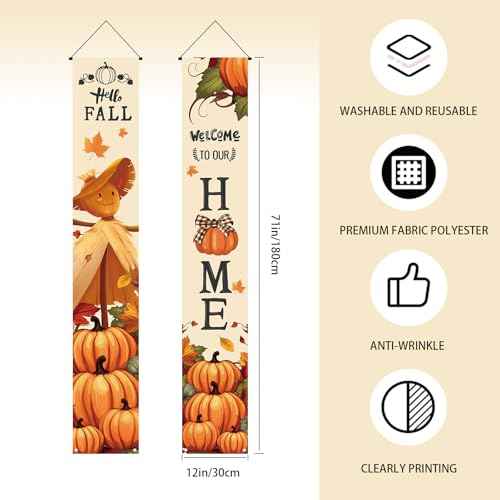 Thanksgiving Decorations Thanksgiving Banner,Fall Pumpkin Maple Leaves Give Thanks Front Door Decor,Autumn Porch Sign Board Hanging Friendsgiving Harvest Farmhouse Outdoor Supplies for Home Office -12 x 71inches