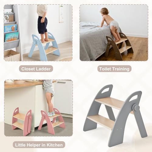 Wooden 2 Step Stool for Kids Bathroom Sink - Foldable Non-Slip Child Step Stool - Grey St-Gray