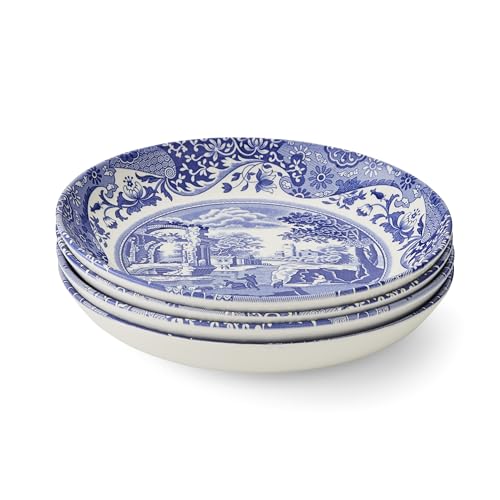Blue Italian Pasta Bowls Set of 4 - 9 Inch Earthenware Serving Dishes with Oriental Border