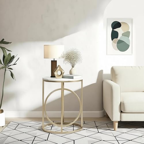 20-Inch Round End Table with Gold O-Shaped Base and Faux Marble Top - Modern Living Room Accent