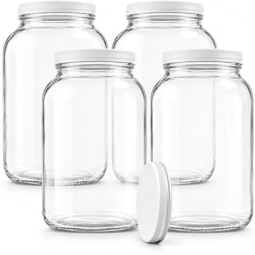 4 Pack 1-Gallon Wide Mouth Glass Jars with Metal Lids - Heavy-Duty Food Storage