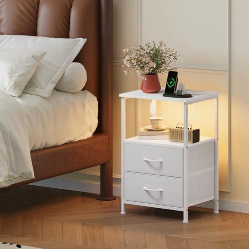 Somdot White Nightstand with 2 Drawers, Charging Station & LED Light - 11.8"D x 15.7"W x 23.6"H