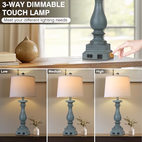 Farmhouse Table Lamps Set of 2 with USB-C & AC Outlets - Blue Vintage Nightstand Lamps - 3 Way Touch Control for Bedroom Living Room Office - Blue-2pack