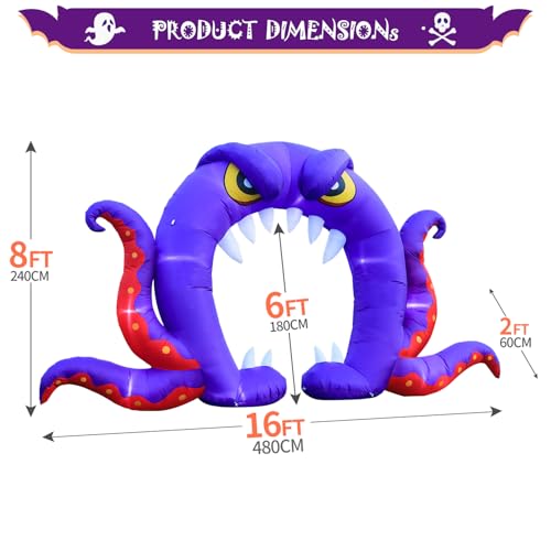 Halloween Inflatable Purple Octopus Archway - 16FT Long, 8FT Tall with Built-in LEDs