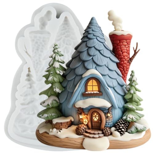 YANQINMS 3D Christmas Cottage Fondant Mold Snowy Pine Tree Silicone Mold - Style L