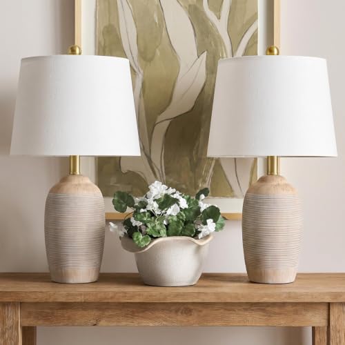 Vintage Ceramic Table Lamps Set of 2 - 21 Inch Beige for Bedroom & Living Room