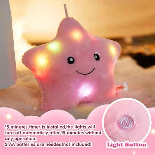 WEWILL 9'' LED Twinkle Star Soft Plush Pillow Toys Glowing Stuffed Star Light up Pillow Plush with Colorful Night Lights Birthday for Toddler Kids(Pink)