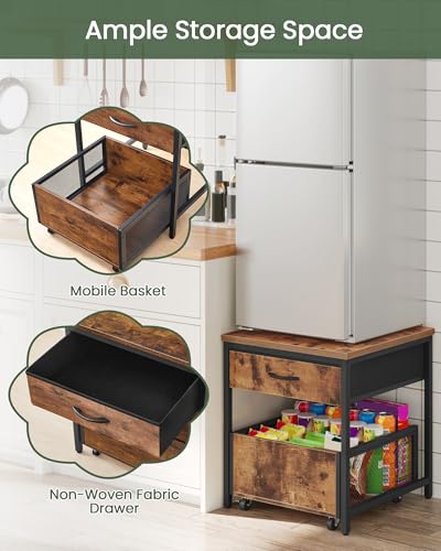 End Table with Storage and Mobile Basket - Rustic Brown & Black, 19.7 Inch Square