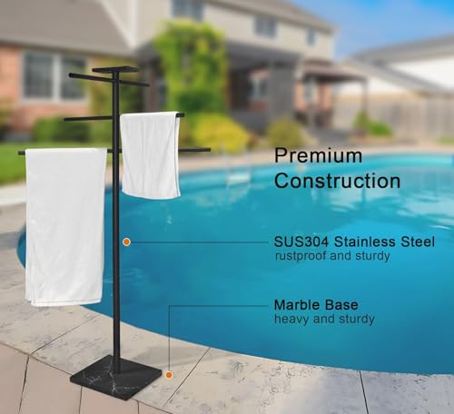 EADOT Marble Base Outdoor Pool Towel Rack with 6 Arms & Tray - Matte Black Variation