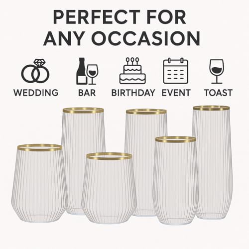 Oojami 48 Pack Plastic Champagne Flutes & Wine Glasses Set Gold Rim